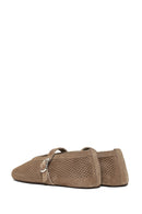 Woman Tan Mesh Suede Leather Ballerine Shoes | Derimod