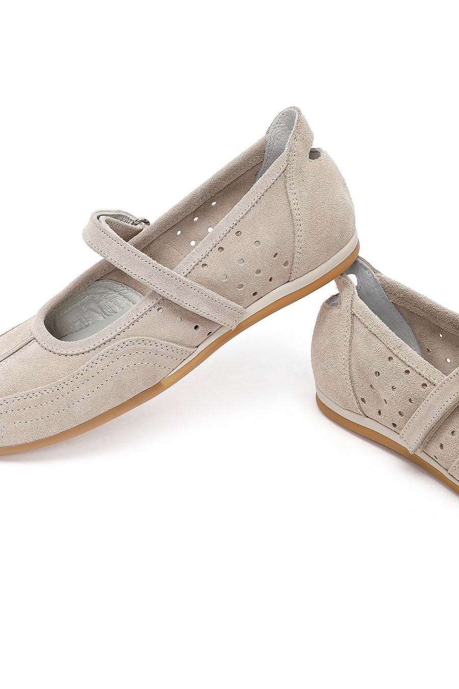 Women's Beige Strapped Suede Leather Ballet Flats