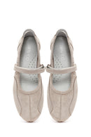 Women's Beige Strapped Suede Leather Ballet Flats | Derimod