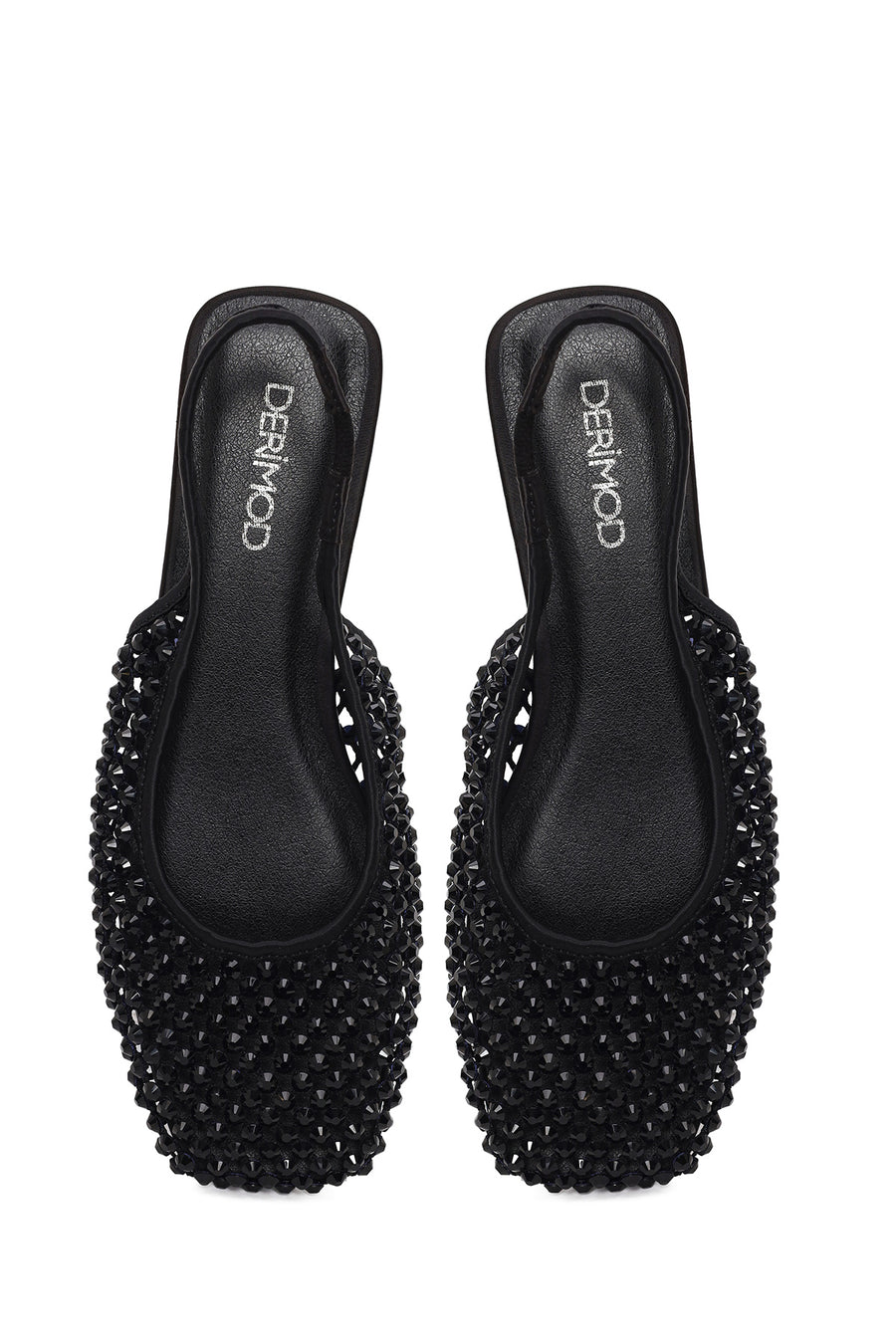 Woman Black Backless Rhinestone Ballerine Shoes