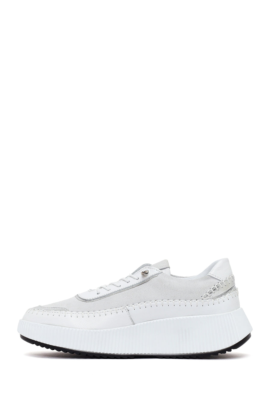 Woman White Lace-Up Thick-Soled Leather Sneaker