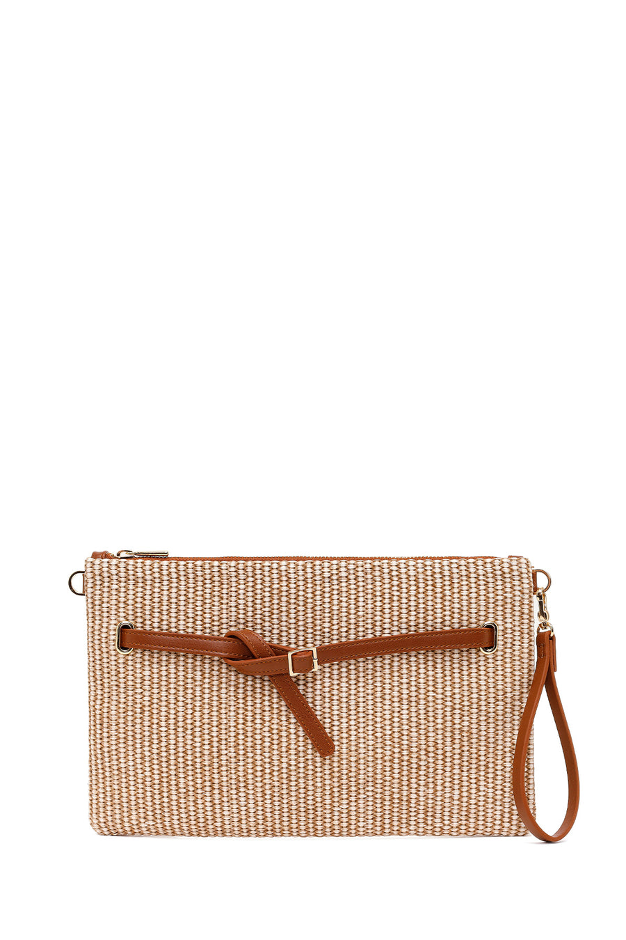 Woman Beige Wicker Clutch Bag with Long Chain Strap