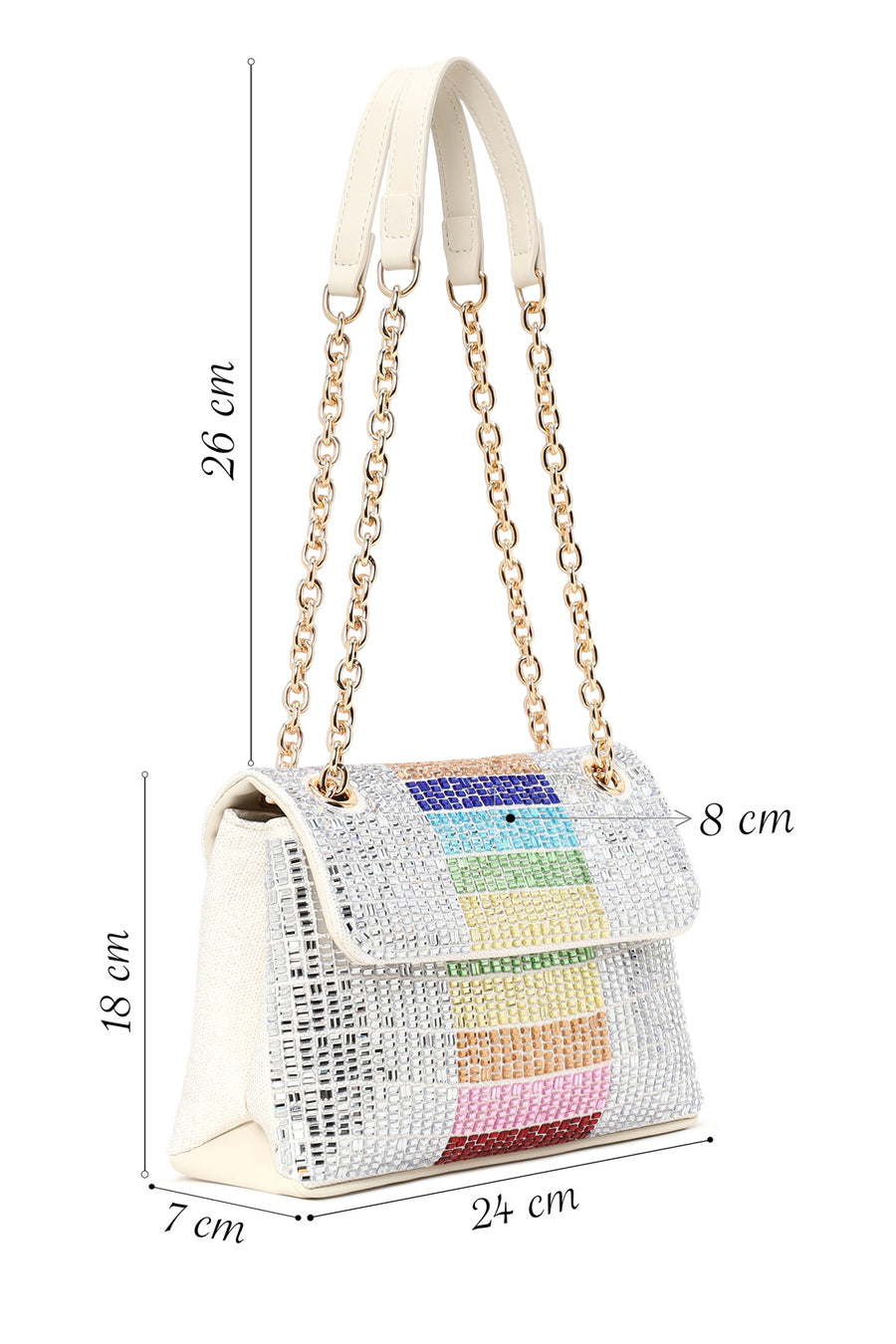 Woman Multicolored Rhinestone Chain-Strap Evening Bag