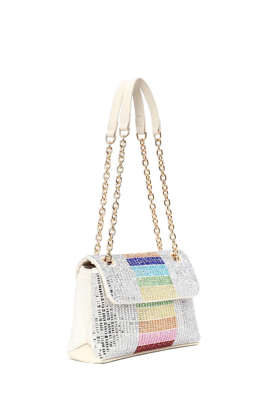 Woman Multicolored Rhinestone Chain-Strap Evening Bag
