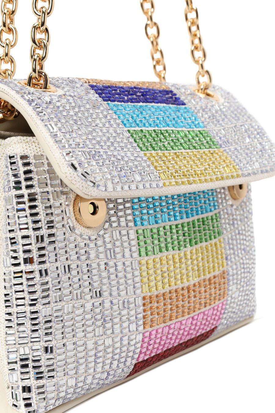 Woman Multicolored Rhinestone Chain-Strap Evening Bag
