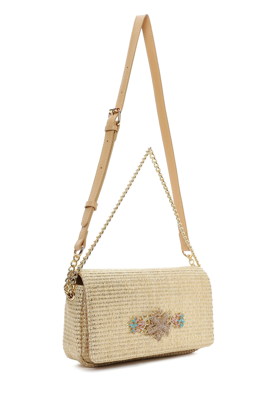 Woman Beige Long Strap Straw Crossbody Bag