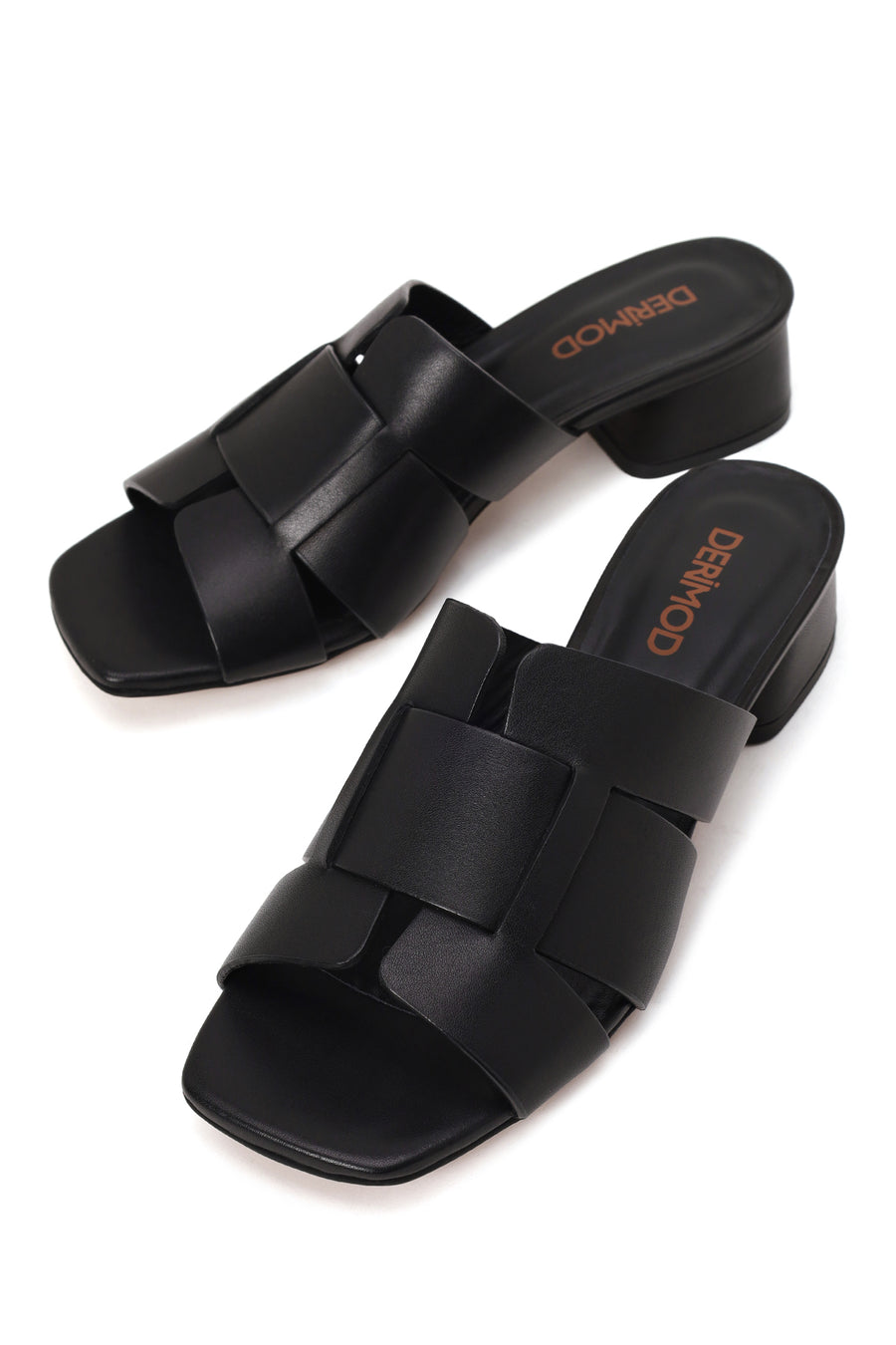 Woman Black Short Thick-Heeled Leather Slipper