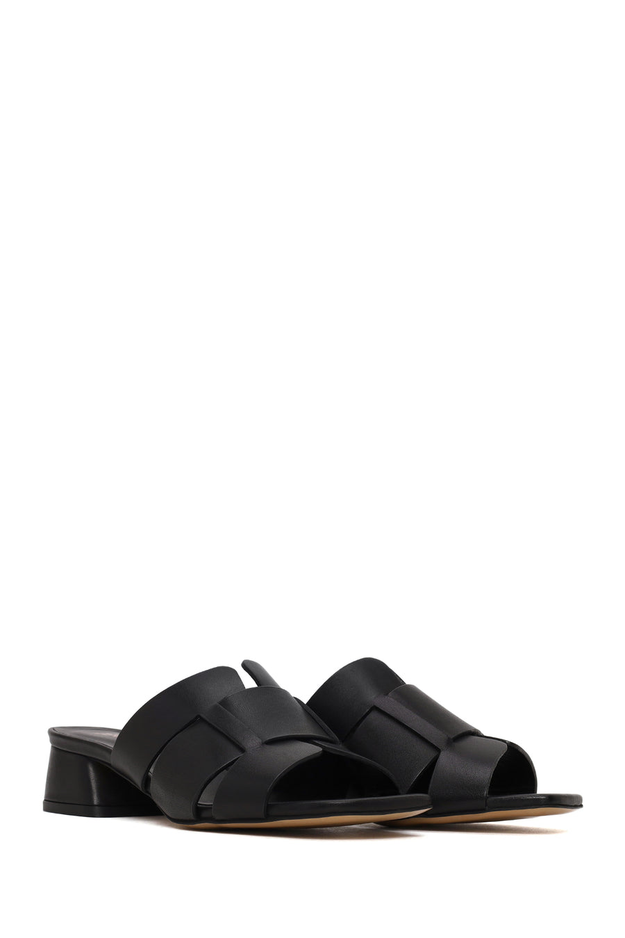 Woman Black Short Thick-Heeled Leather Slipper