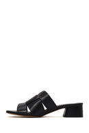 Woman Black Short Thick-Heeled Leather Slipper | Derimod