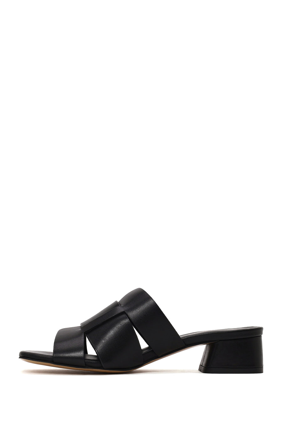 Woman Black Short Thick-Heeled Leather Slipper