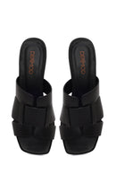 Woman Black Short Thick-Heeled Leather Slipper | Derimod