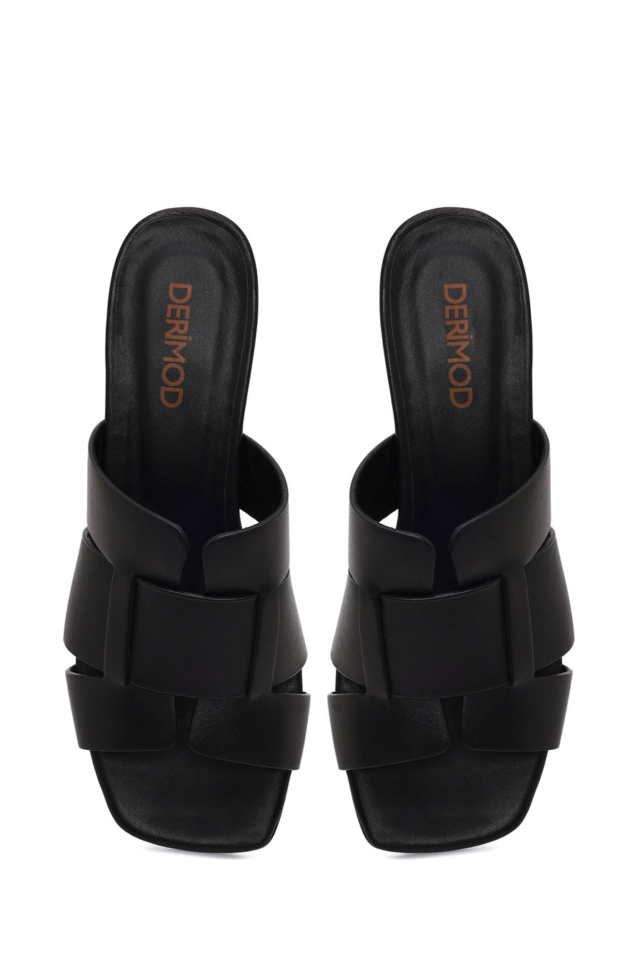 Woman Black Short Thick-Heeled Leather Slipper