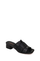 Woman Black Short Thick-Heeled Leather Slipper | Derimod