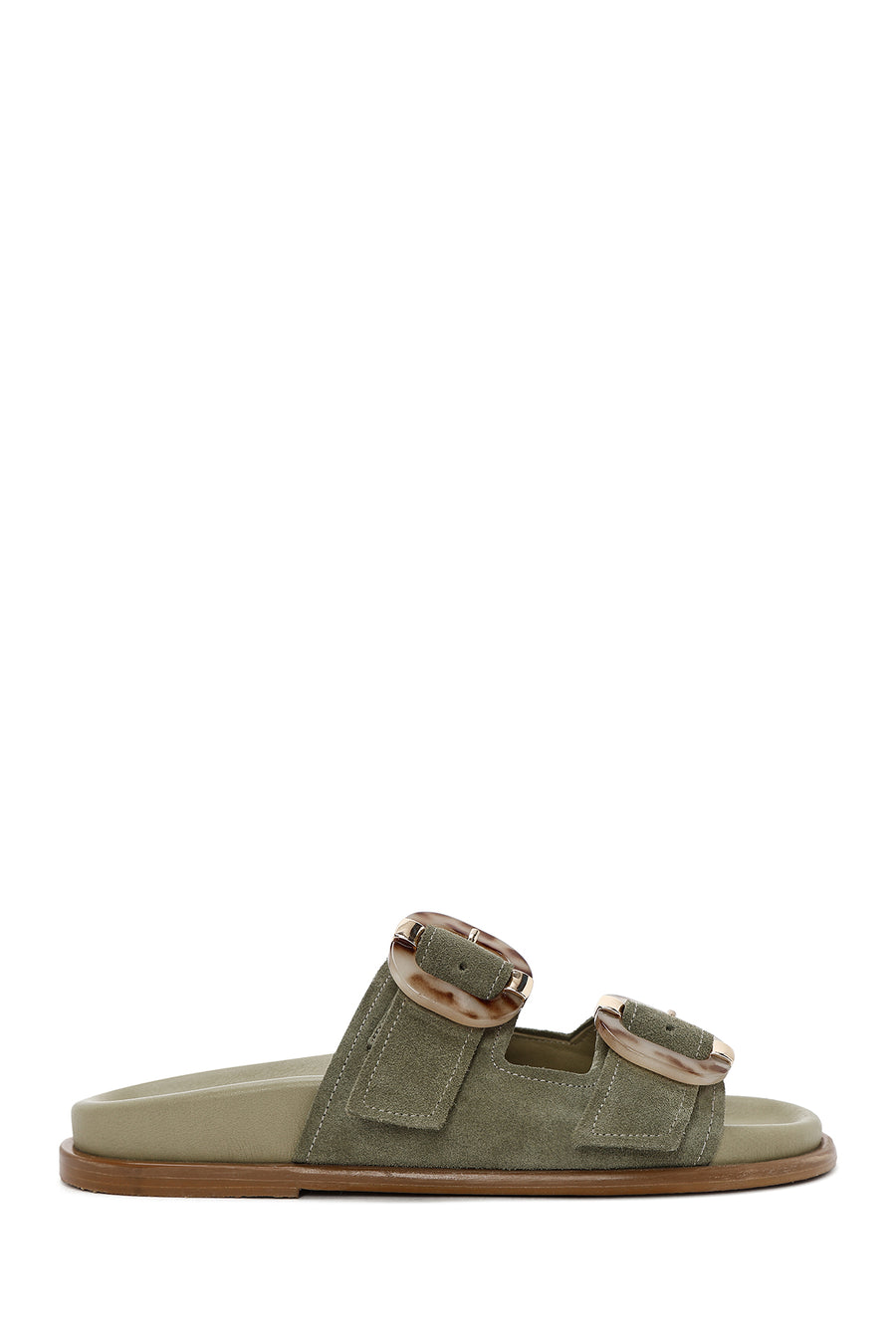 Women's Green Double Buckled Suede Leather Slippers 26SFD200910 | Derimod