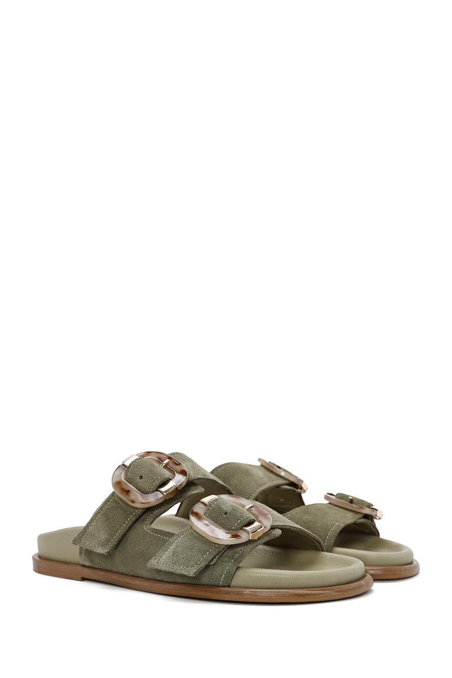 Women's Green Double Buckled Suede Leather Slippers