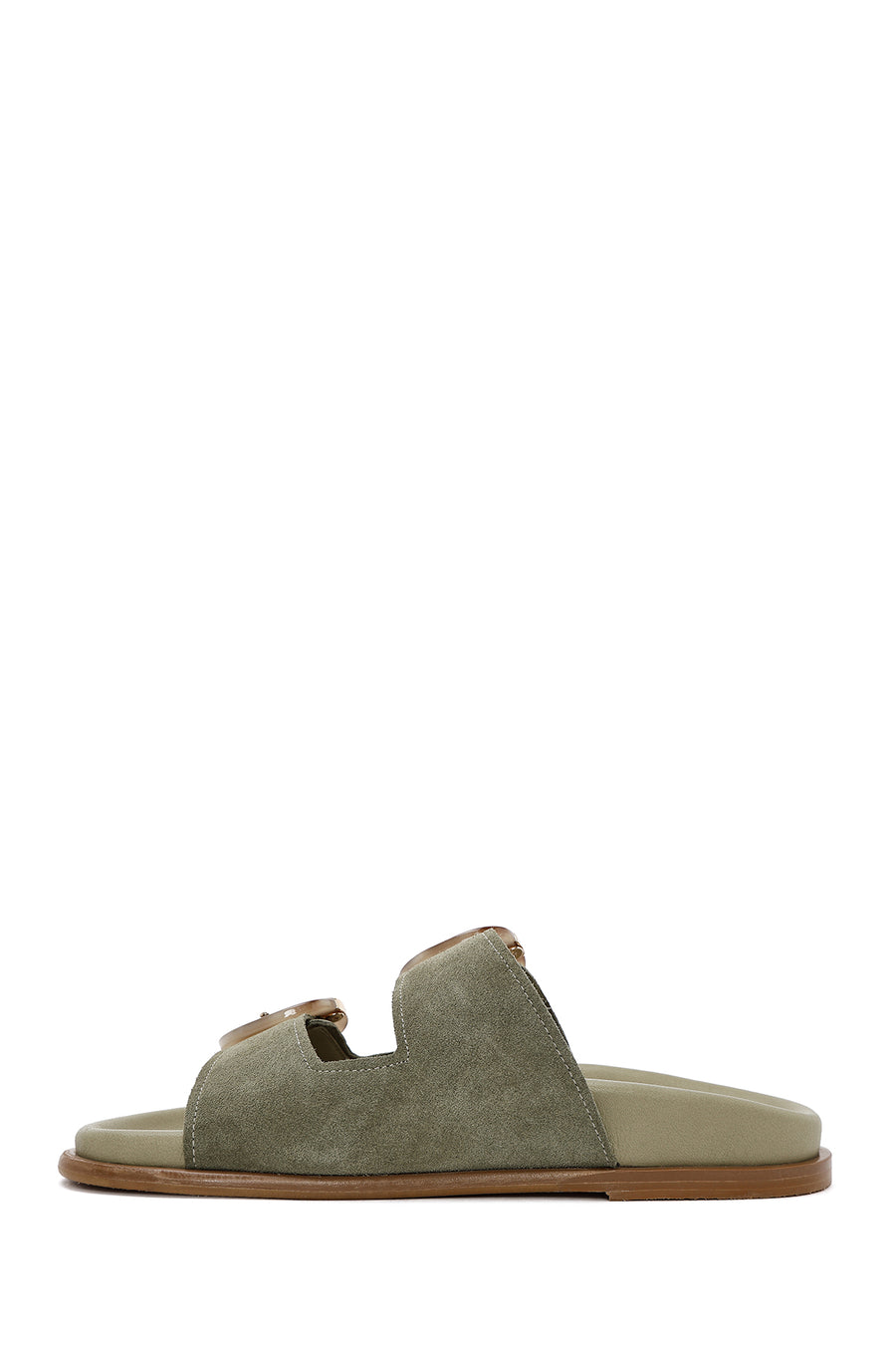 Women's Green Double Buckled Suede Leather Slippers