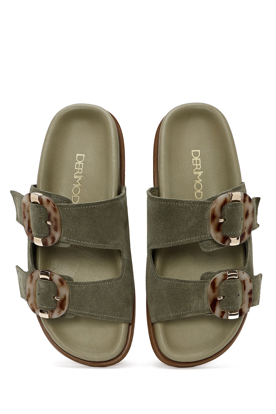 Women's Green Double Buckled Suede Leather Slippers