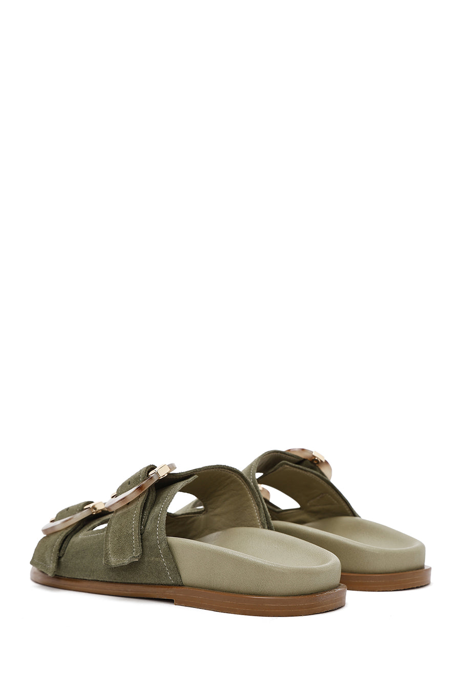 Women's Green Double Buckled Suede Leather Slippers