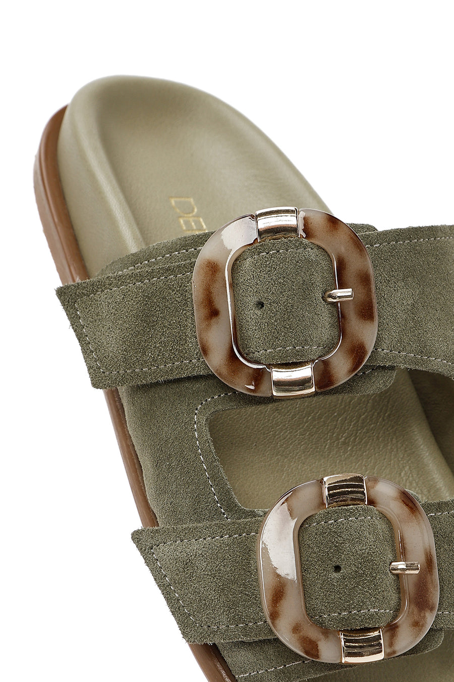 Women's Green Double Buckled Suede Leather Slippers