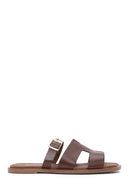Women's Brown Buckled Leather Slippers | Derimod