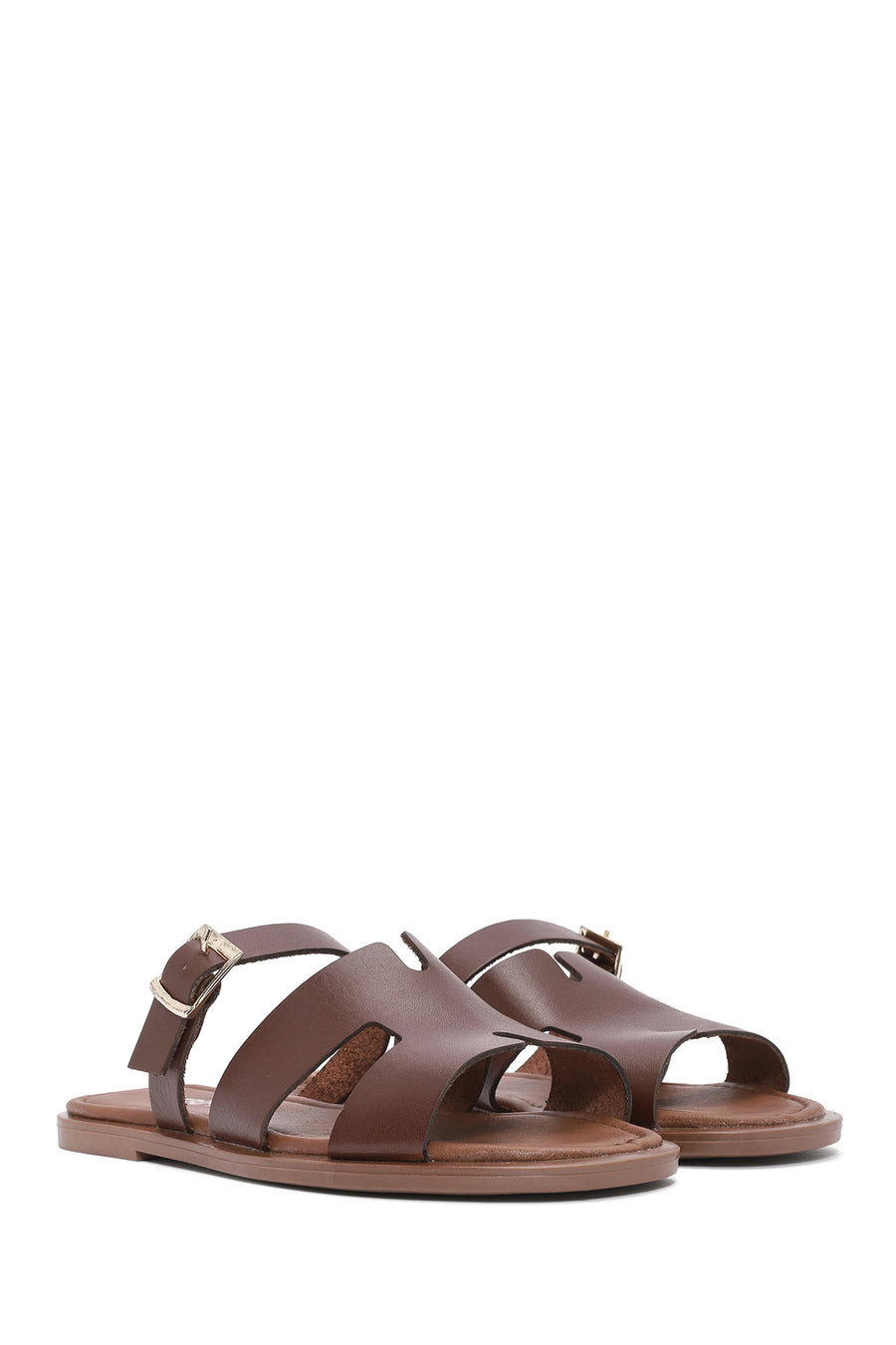 Women's Brown Buckled Leather Slippers