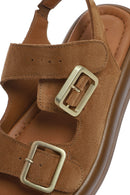 Women's Tan Suede Leather Sandals with Buckle Back and Thick Sole | Derimod