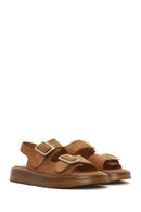 Women's Tan Suede Leather Sandals with Buckle Back and Thick Sole | Derimod