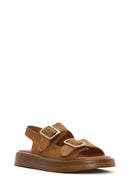 Women's Tan Suede Leather Sandals with Buckle Back and Thick Sole | Derimod