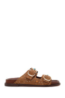 Women's Tan Studded Suede Leather Slippers | Derimod