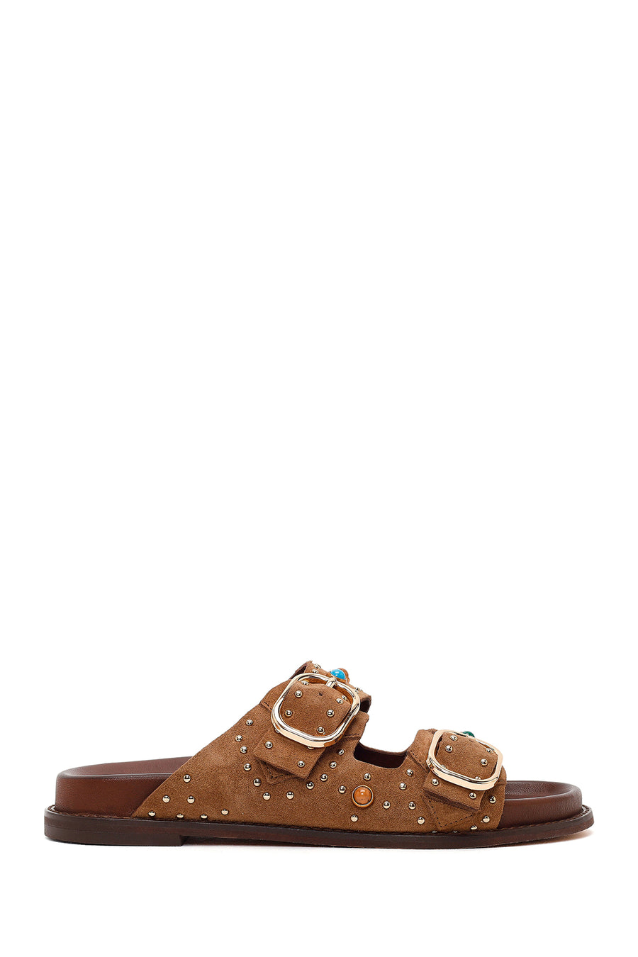 Women's Tan Studded Suede Leather Slippers 26SFD550810 | Derimod