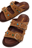 Women's Tan Studded Suede Leather Slippers | Derimod