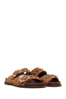 Women's Tan Studded Suede Leather Slippers | Derimod