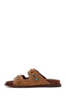 Women's Tan Studded Suede Leather Slippers | Derimod