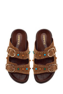 Women's Tan Studded Suede Leather Slippers | Derimod