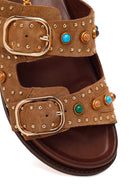Women's Tan Studded Suede Leather Slippers | Derimod