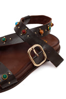 Woman Brown Jeweled Leather Sandals | Derimod