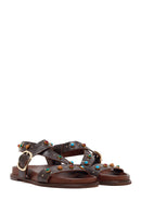 Woman Brown Jeweled Leather Sandals | Derimod
