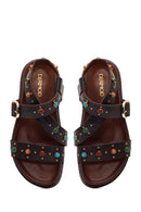 Woman Brown Jeweled Leather Sandals | Derimod