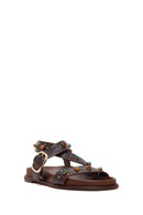Woman Brown Jeweled Leather Sandals | Derimod