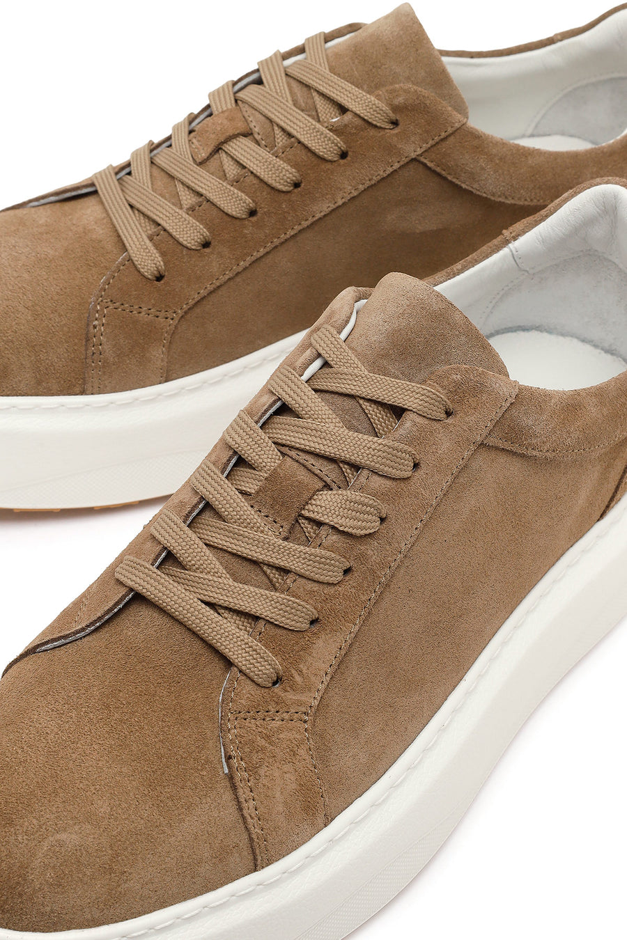 Erkek Bej Bağcıklı Kalın Tabanlı Süet Deri Sneaker