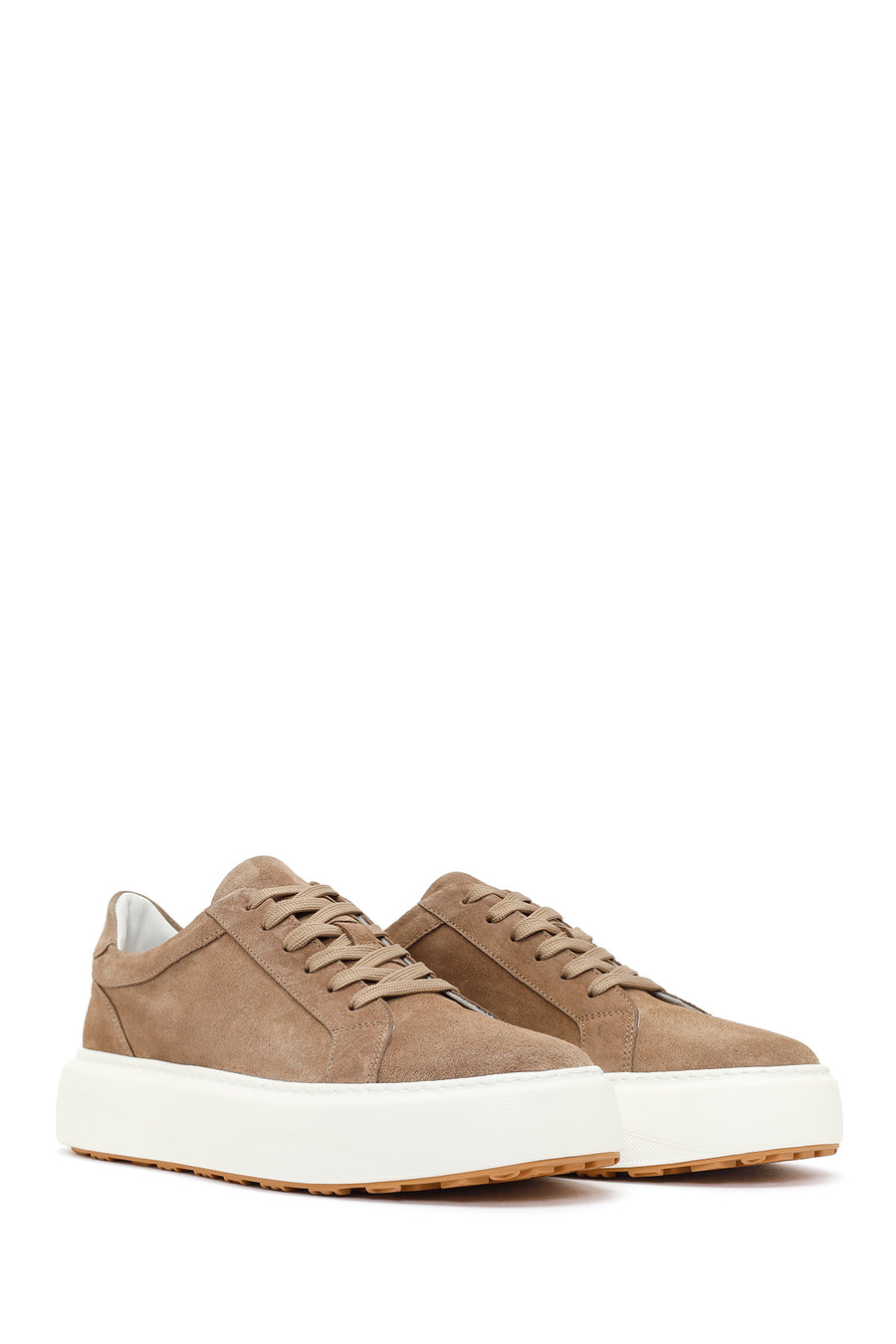 Erkek Bej Bağcıklı Kalın Tabanlı Süet Deri Sneaker