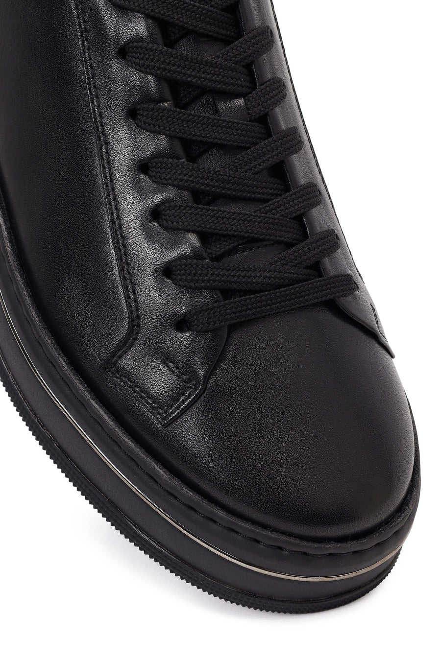 Erkek Siyah Bağcıklı Kalın Tabanlı Deri Sneaker