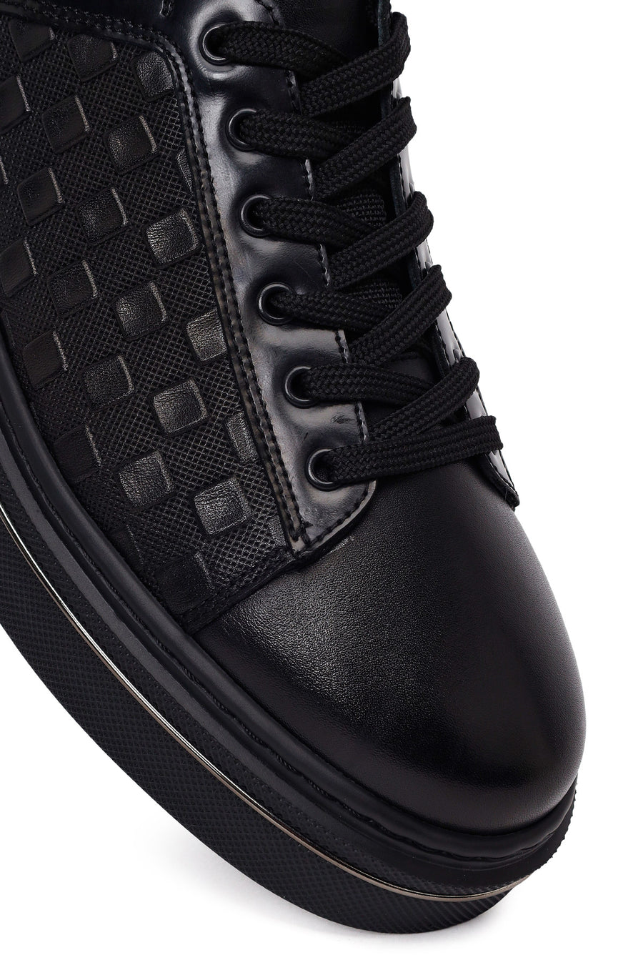 Erkek Siyah Bağcıklı Deri Sneaker