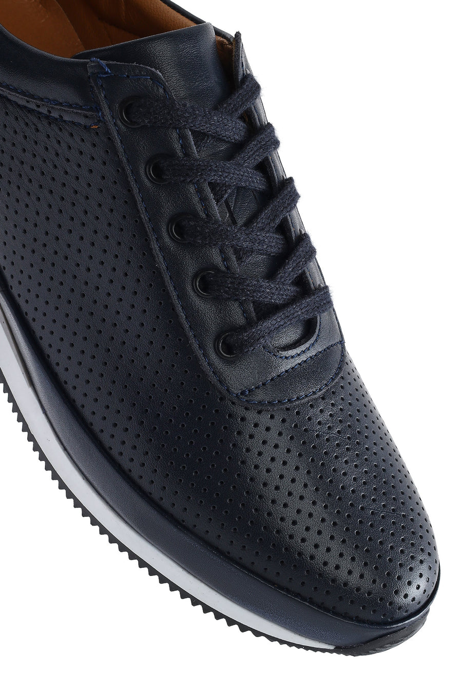 Erkek Lacivert Bağcıklı Deri Casual Sneaker