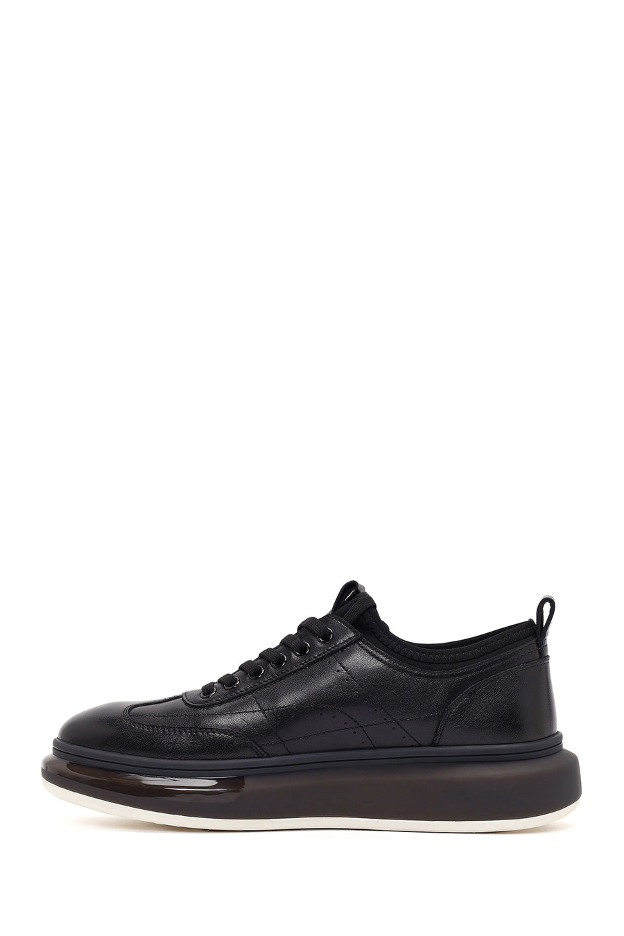 Erkek Siyah Bağcıklı Kalın Tabanlı Deri Sneaker