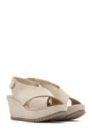 Women's Beige Back Strap Wedge Heel Suede Leather Sandals | Derimod