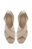 Women's Beige Back Strap Wedge Heel Suede Leather Sandals | Derimod