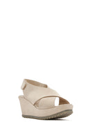 Women's Beige Back Strap Wedge Heel Suede Leather Sandals | Derimod