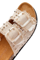 Women's Beige Double Buckle Studded Fabric Slippers | Derimod