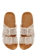 Women's Beige Double Buckle Studded Fabric Slippers | Derimod